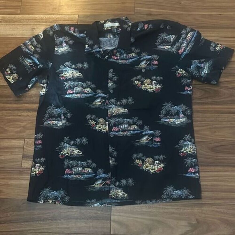 Vintage Campia Moda Mens Black Tropical Short Sleeve‎ Button Down Shirt Large